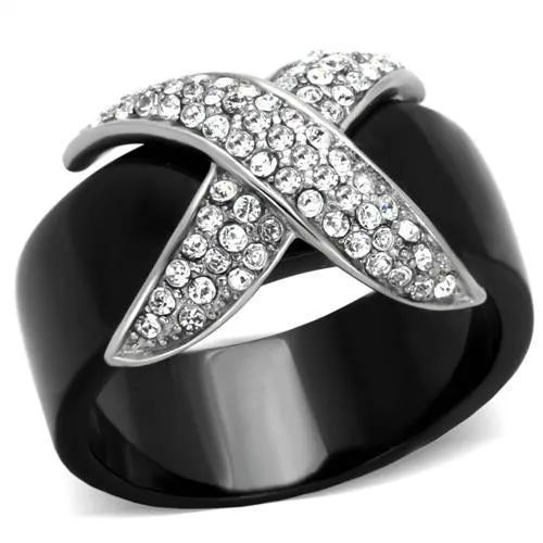 Two-Tone IP Black (Ion Plating) Stainless Steel Ring with Top Grade Crystal in Clear for Women Style TK1839