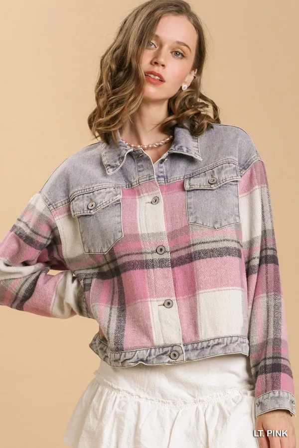 Umgee Button Down Denim Jacket With Plaid Detailing