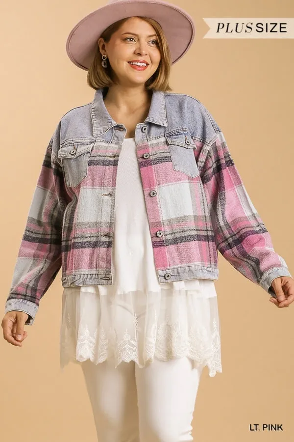 Umgee Button Down Denim Jacket With Plaid Detailing