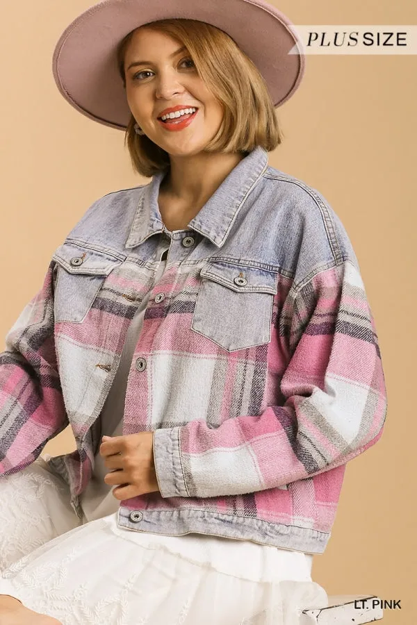 Umgee Button Down Denim Jacket With Plaid Detailing