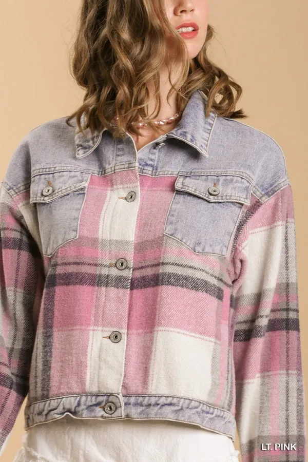 Umgee Button Down Denim Jacket With Plaid Detailing