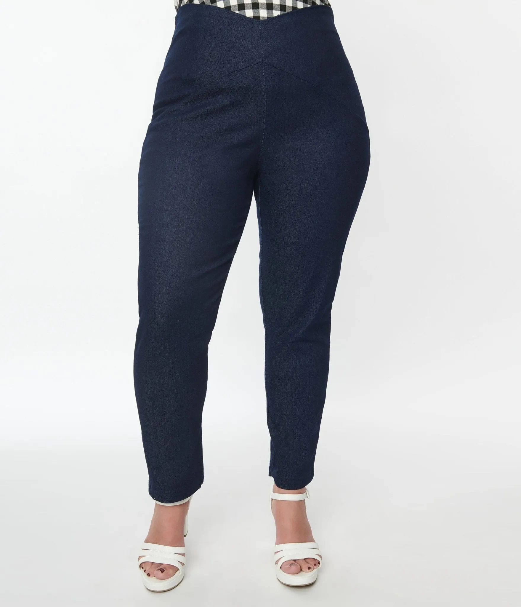 Unique Vintage Plus Size 1930s Dark Denim V-Waist Crop Pants