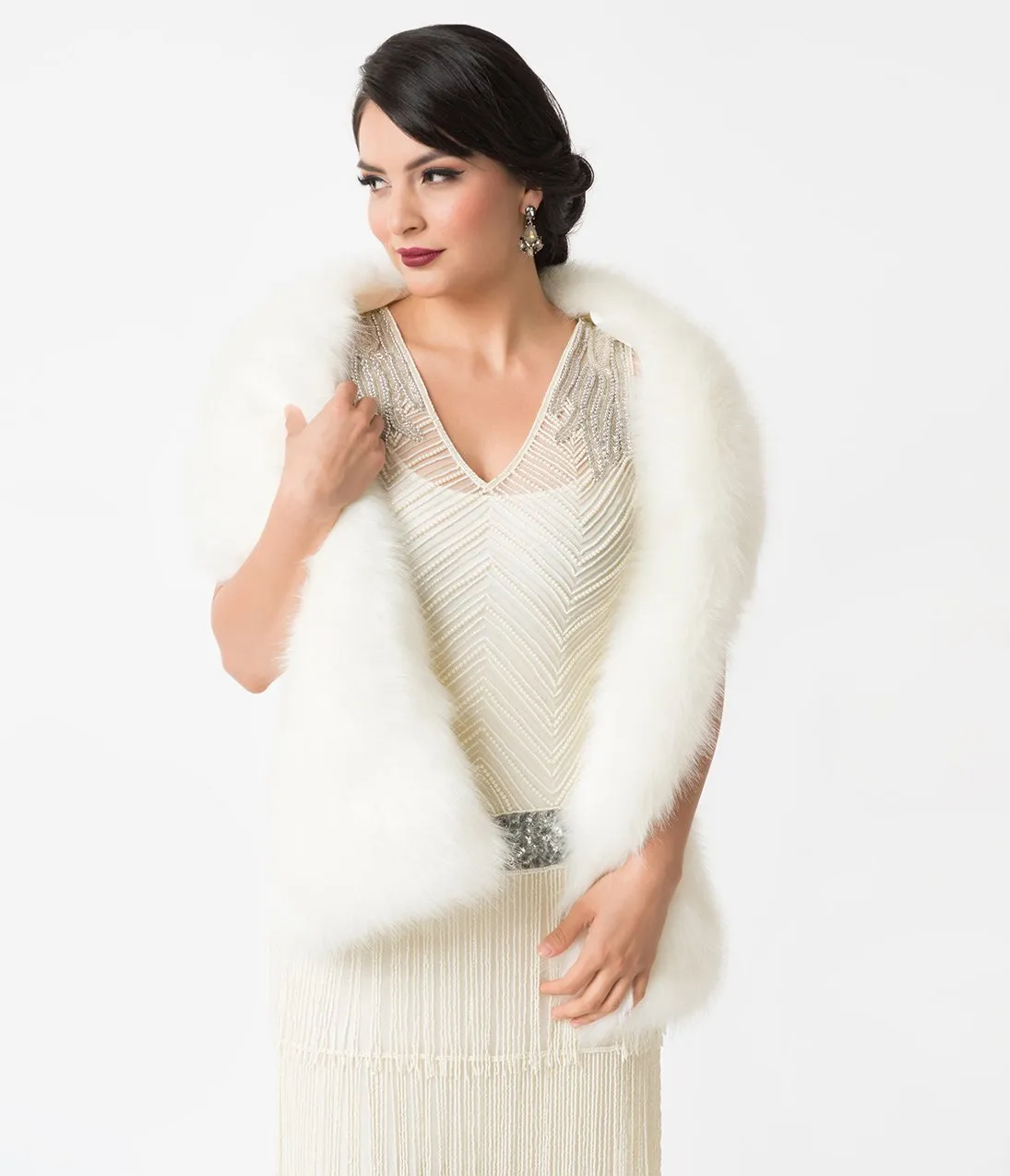 Unique Vintage White Ivory Faux Fur Stole