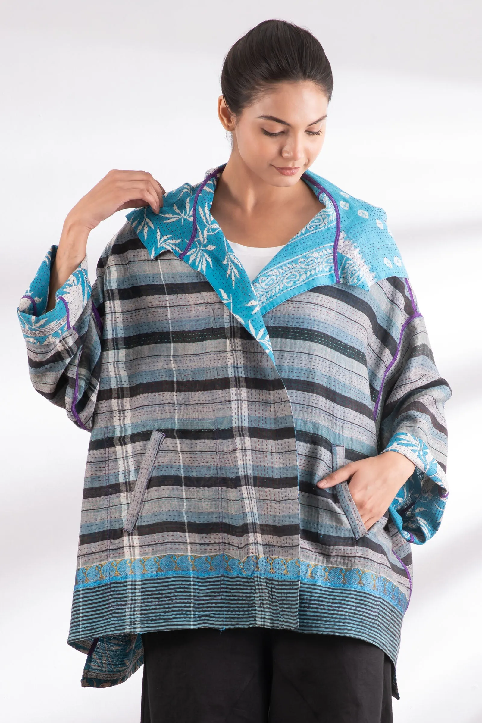 VINTAGE COTTON KANTHA HOODIE PONCHO - cv2064-0002a -