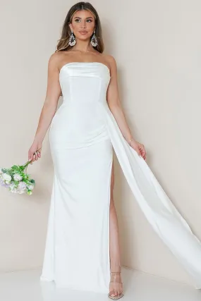 White Strapless Draped Side Split Maxi Dress