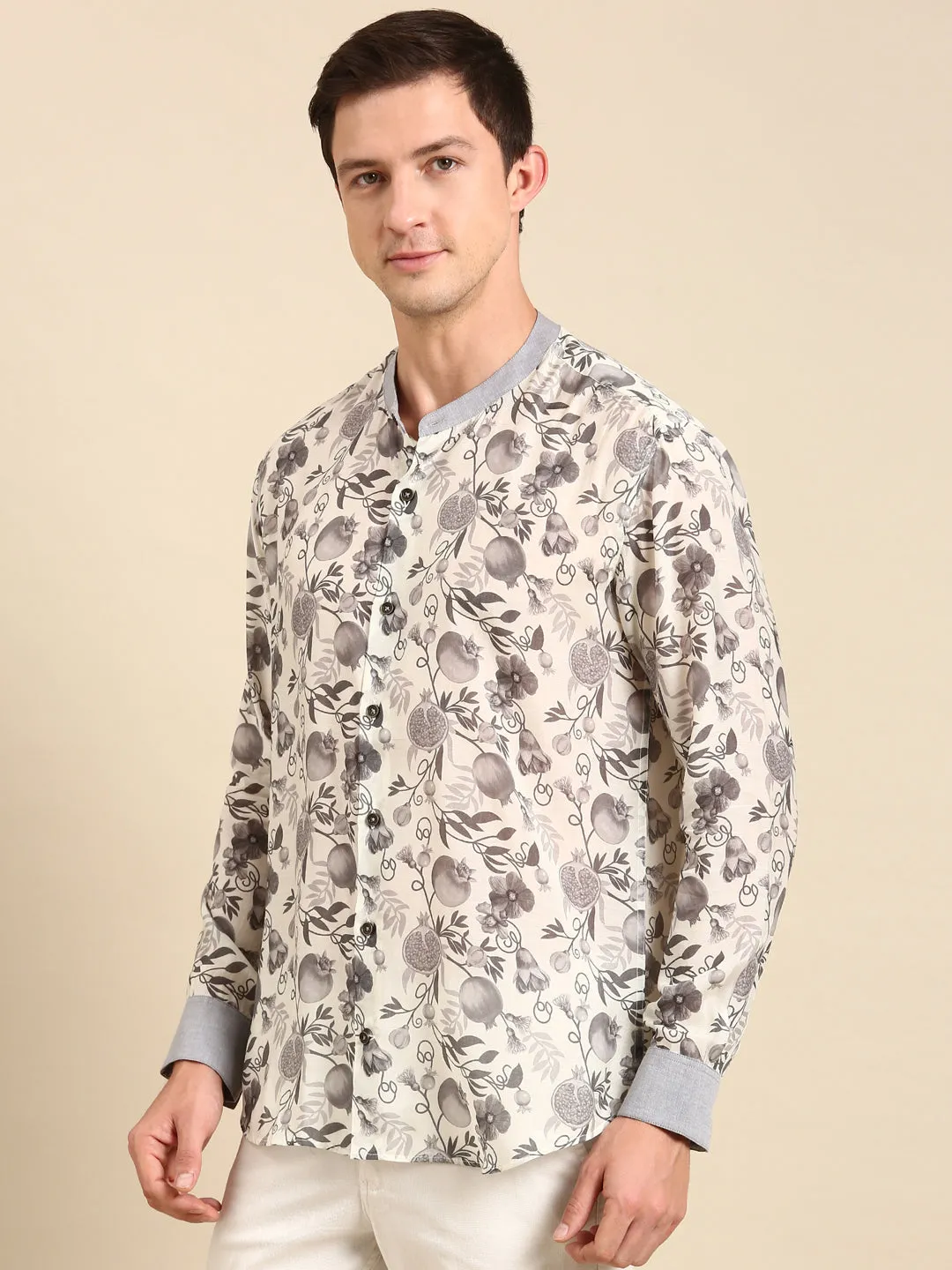 White,Charcoal Grey Muslin Digital Print Shirt - MM0849