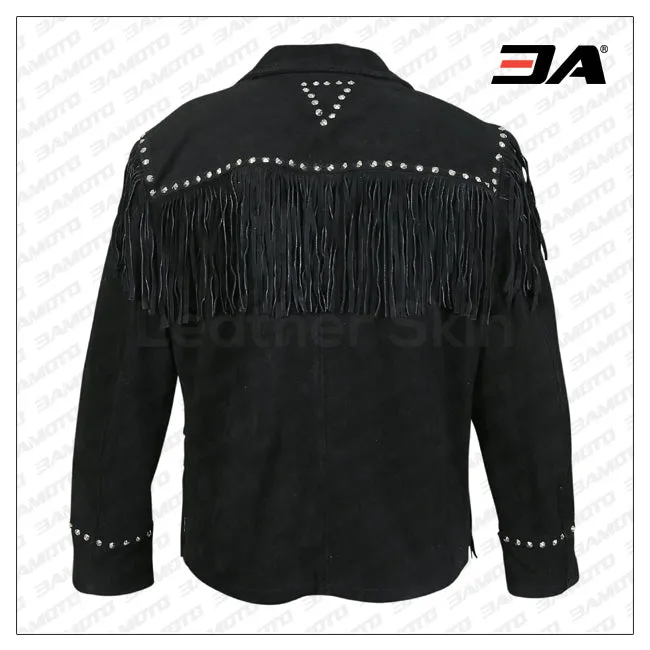 Women Black Western Fringes Cone Spike Studs Suede Leather Jacket