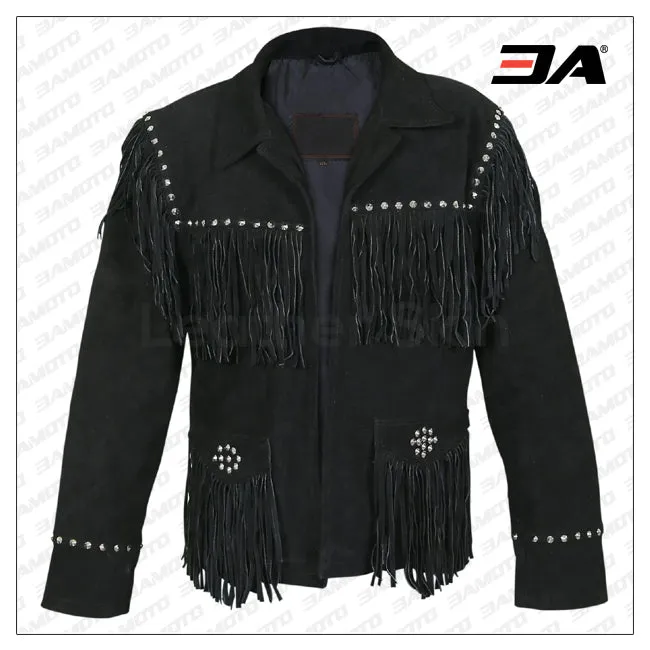 Women Black Western Fringes Cone Spike Studs Suede Leather Jacket