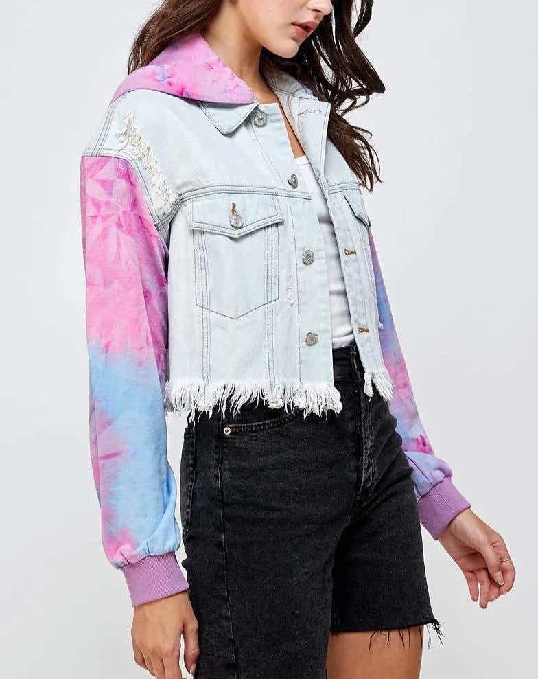 Women Removable Hoodie Tie Dye Sleeves Light Blue Cropped Jean Denim