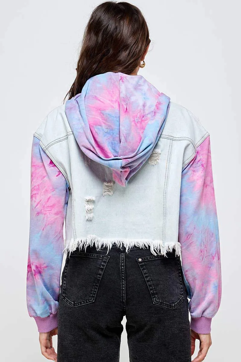 Women Removable Hoodie Tie Dye Sleeves Light Blue Cropped Jean Denim