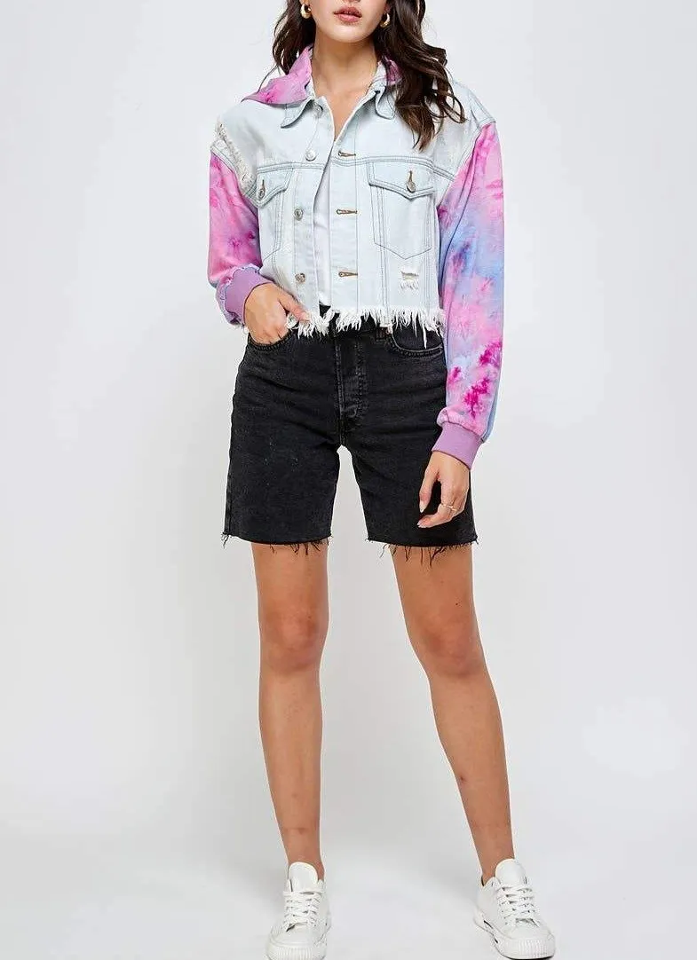 Women Removable Hoodie Tie Dye Sleeves Light Blue Cropped Jean Denim