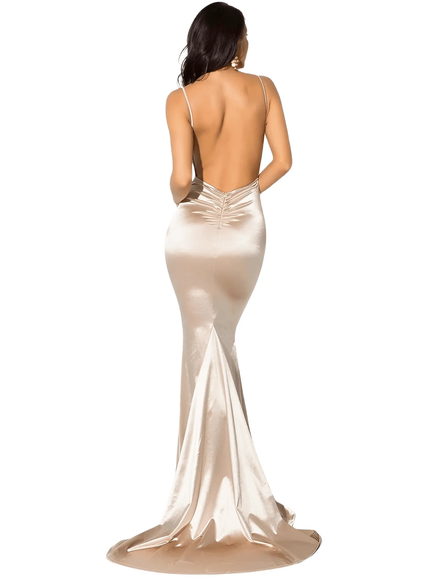 Women's Backless Maxi Dress Ruched High Split Satin