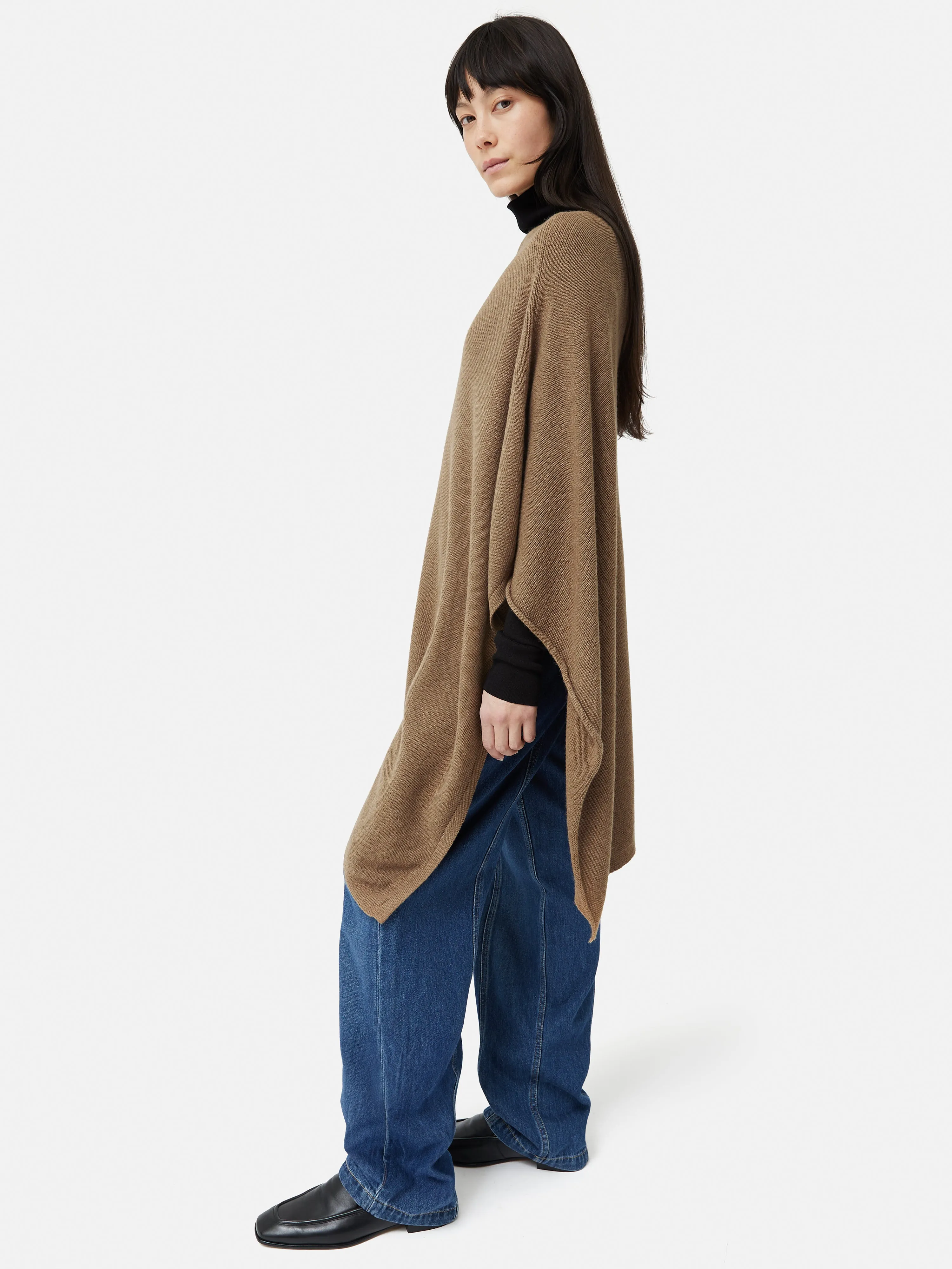 Wool Cashmere Blend Drape Poncho | Camel