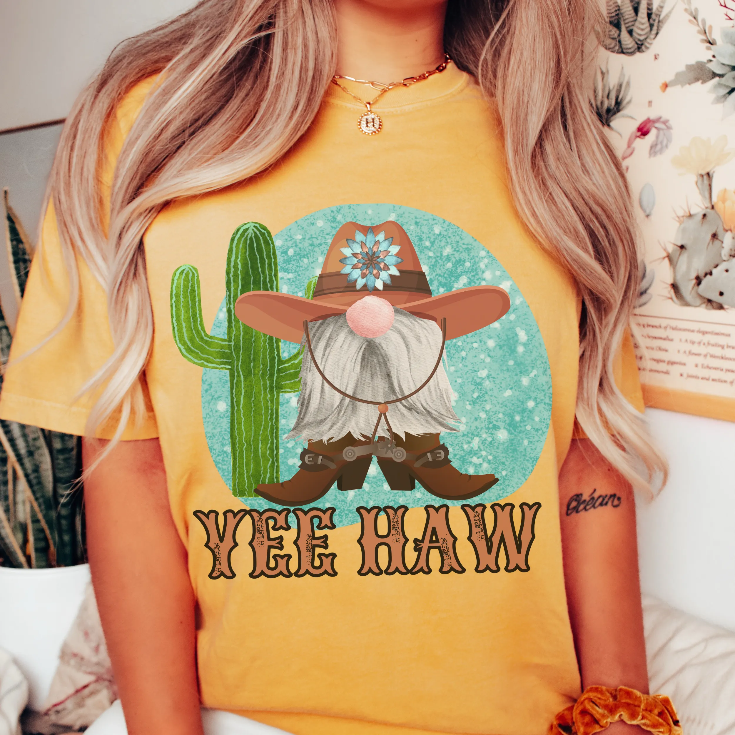 Yee Haw Comfort Colors® T-shirt, Spring Cowboy Gnome Design T-Shirt in Six Colors Trendy Western Summer Tee